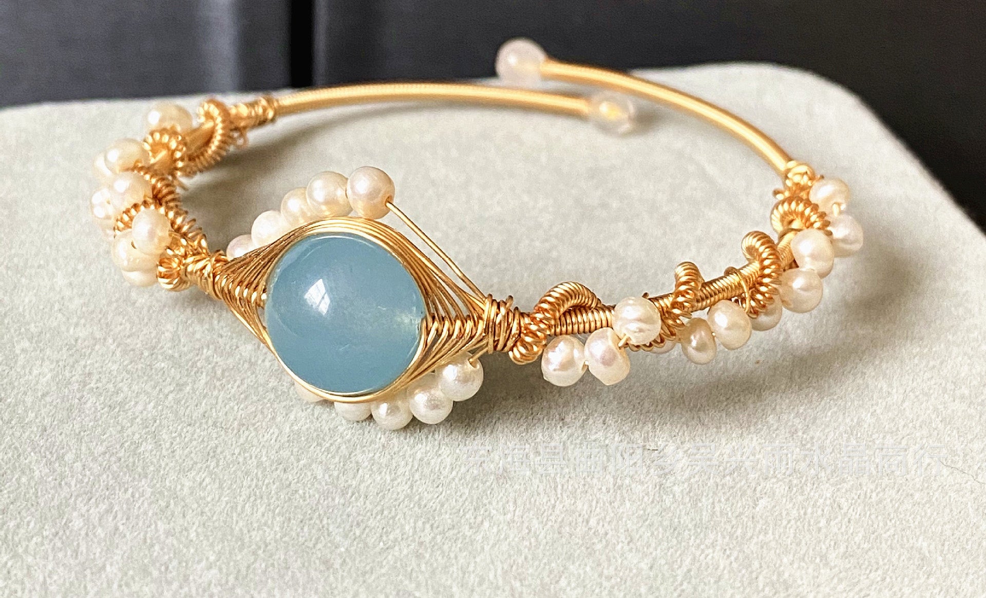 14K Gold Wrapped, Handmade Bangle Hailan Baohai Sapphire, Natural White Pearls