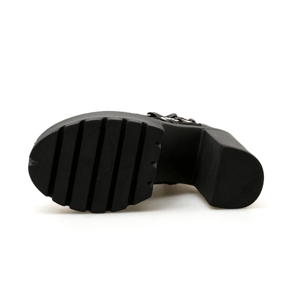 Damen Gothic-Motorradstiefel mit hohem Absatz, Blockabsatz, Schnürung