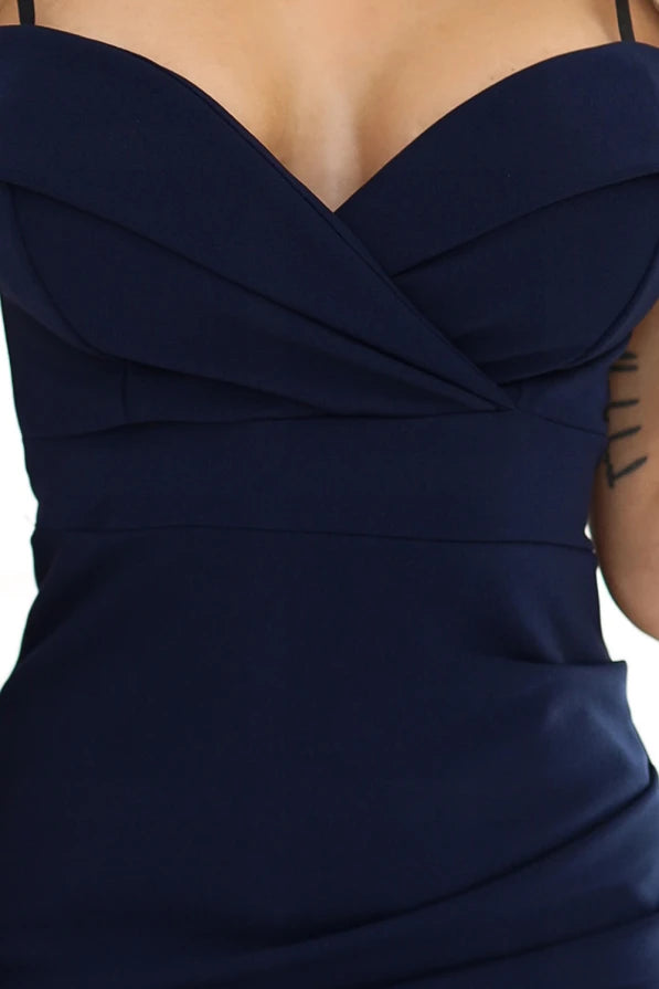 Damen Abendkleid Midi-Kleid Schulterlos, Raffung & Bustier Verstärkung von Numoco marineblau Ausschnitt