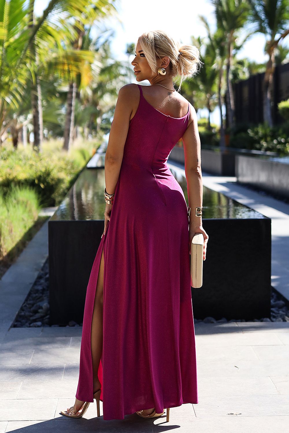 Damen Abendkleid mit schlanken Träger Maxikleid von Numoco pink Rückseite