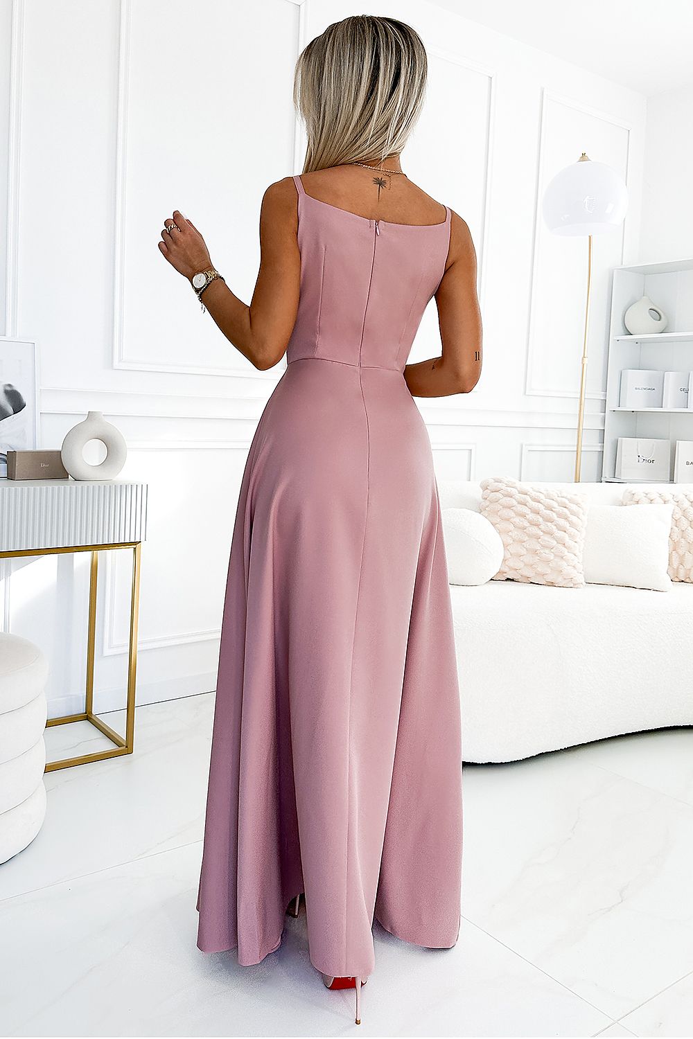 Damen Abendkleid mit schlanken Träger Maxikleid von Numoco rosa Rückseite