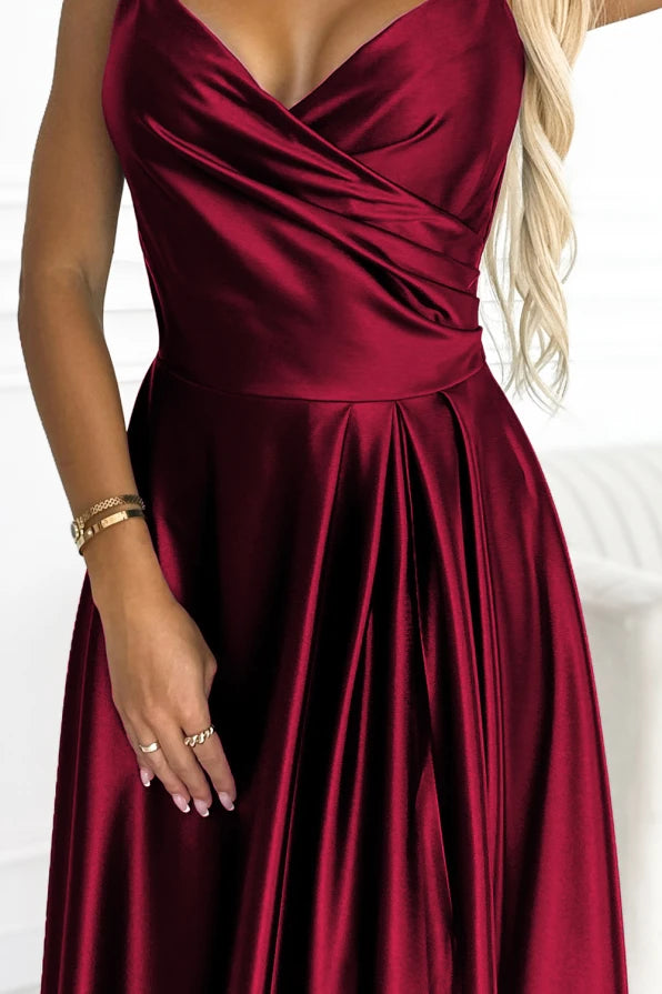Damen Abendkleid mit schlanken Träger Maxikleid von Numoco weinrot Ausschnitt