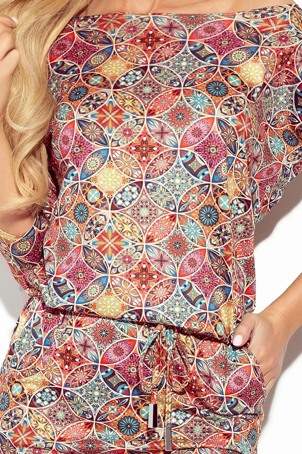 Damen Alltagskleid mit Mandala-Print, 3/4-Ärmel, Taschen & Taillengürtel von Numoco mehrfarbig Ausschnitt
