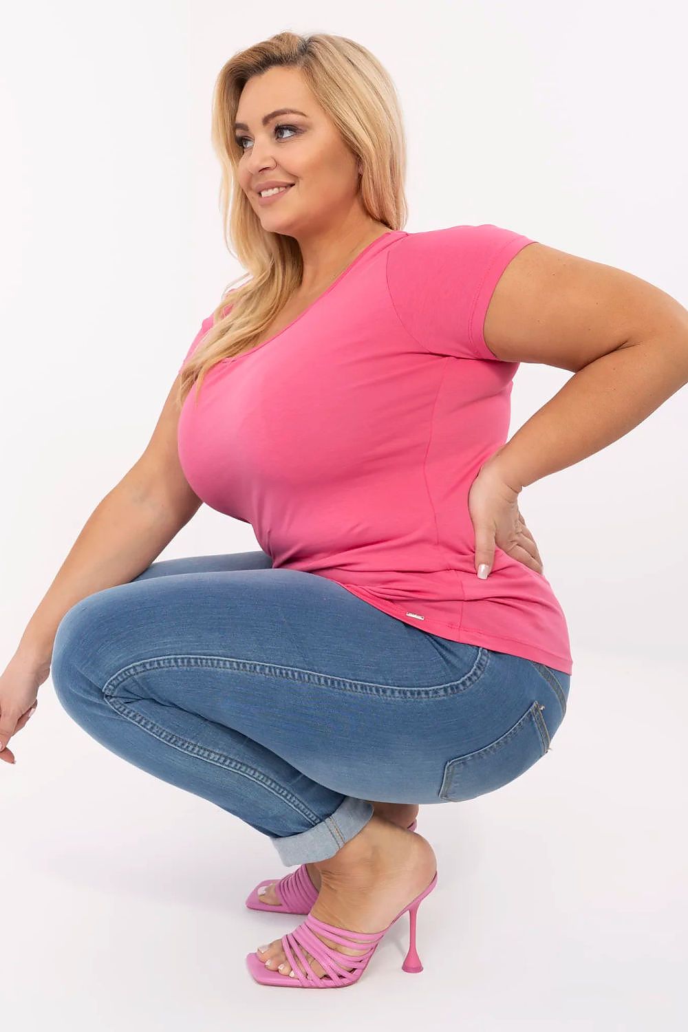 Damen Baumwolle Basic T-Shirt Plus-Size von Relevance pink Seitenansicht
