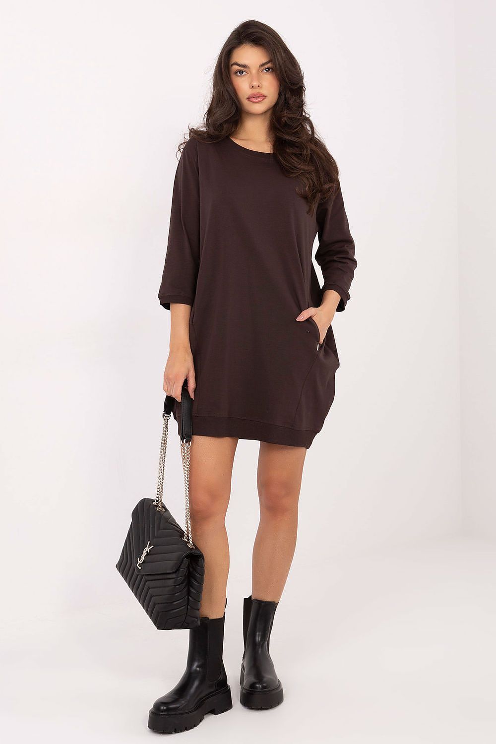 Damen Casual Baumwollkleid Locker, 3/4-Ärmel & Eingriffstaschen von Relevance braun