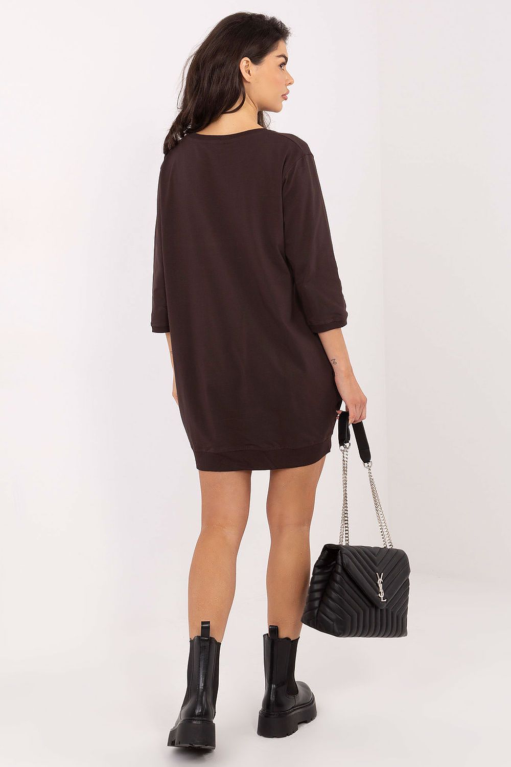 Damen Casual Baumwollkleid Locker, 3/4-Ärmel & Eingriffstaschen von Relevance braun Rückseite