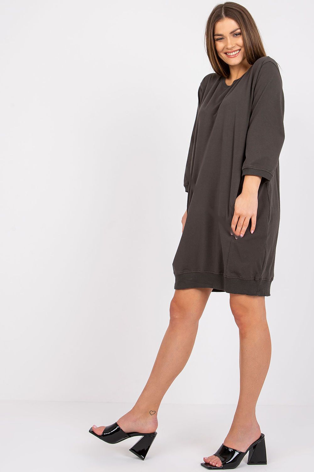 Damen Casual Baumwollkleid Locker, 3/4-Ärmel & Eingriffstaschen von Relevance dunkelgrau Seitenansicht