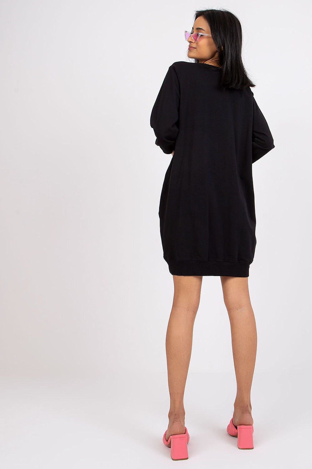 Damen Casual Baumwollkleid Locker, 3/4-Ärmel & Eingriffstaschen von Relevance schwarz Rückseite