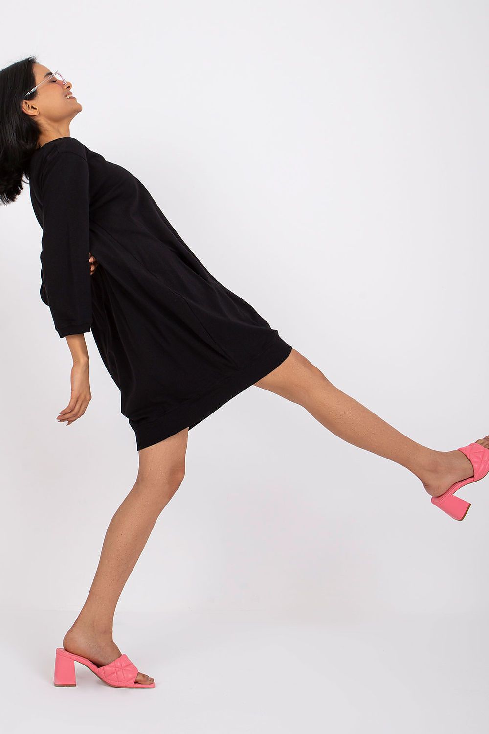 Damen Casual Baumwollkleid Locker, 3/4-Ärmel & Eingriffstaschen von Relevance schwarz Seitenansicht