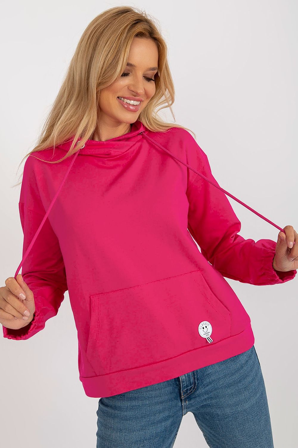 Damen Casual Hoodie, Kapuze, Kängurutasche & Aufnäher, Baumwolle von Relevance pink Vorderseite