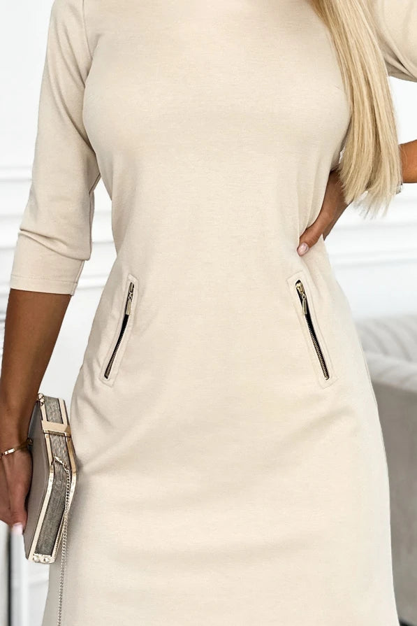 Damen Casual Minikleid mit 3/4-Ärmel von Numoco beige Ausschnitt