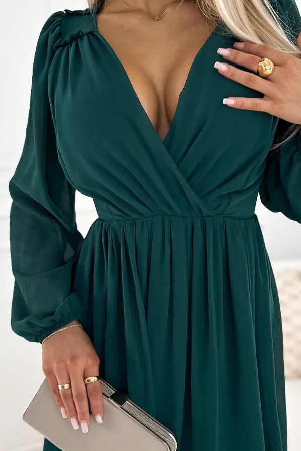 Damen Chiffon Midikleid mit tiefem Ausschnitt von Numoco grün Ausschnitt