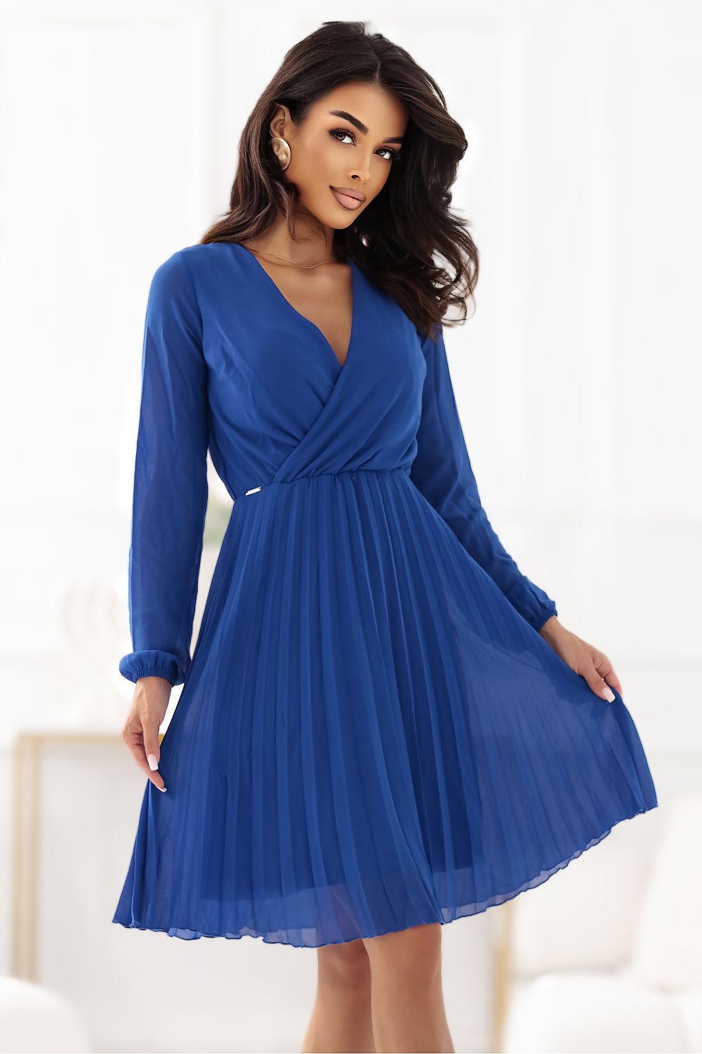 Damen Chiffon Plissee Cocktailkleid von Numoco blau