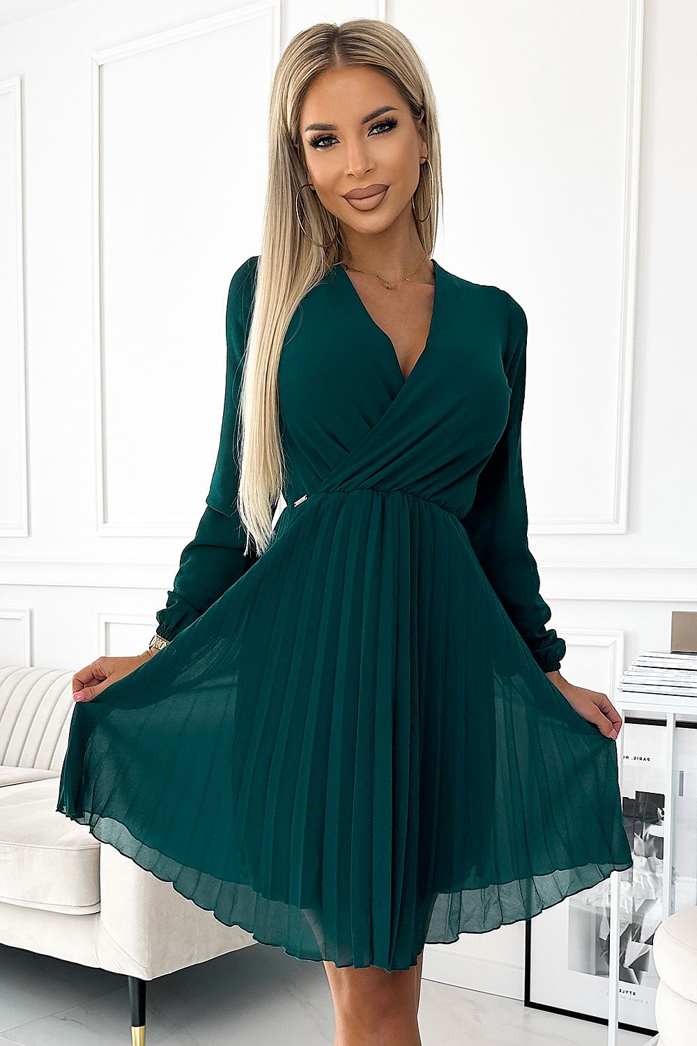 Damen Chiffon Plissee Cocktailkleid von Numoco dunkelgrün