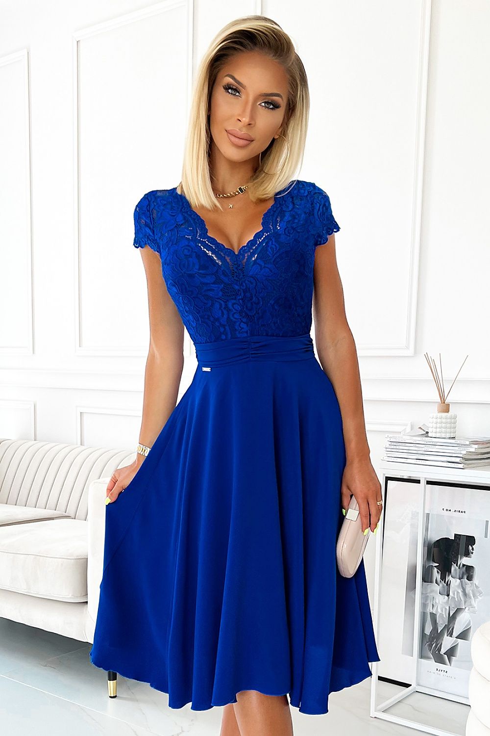 Damen Chiffonkleid Abendkleid mit Spitzenausschnitt von Numoco blau