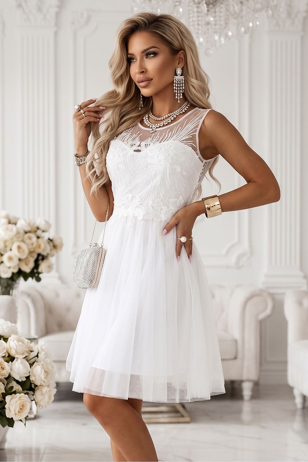 Damen Cocktailkleid Weiß - Spitze, Tüll und Taillenschnürung von Numoco weiß Hochzeit Vorderseite
