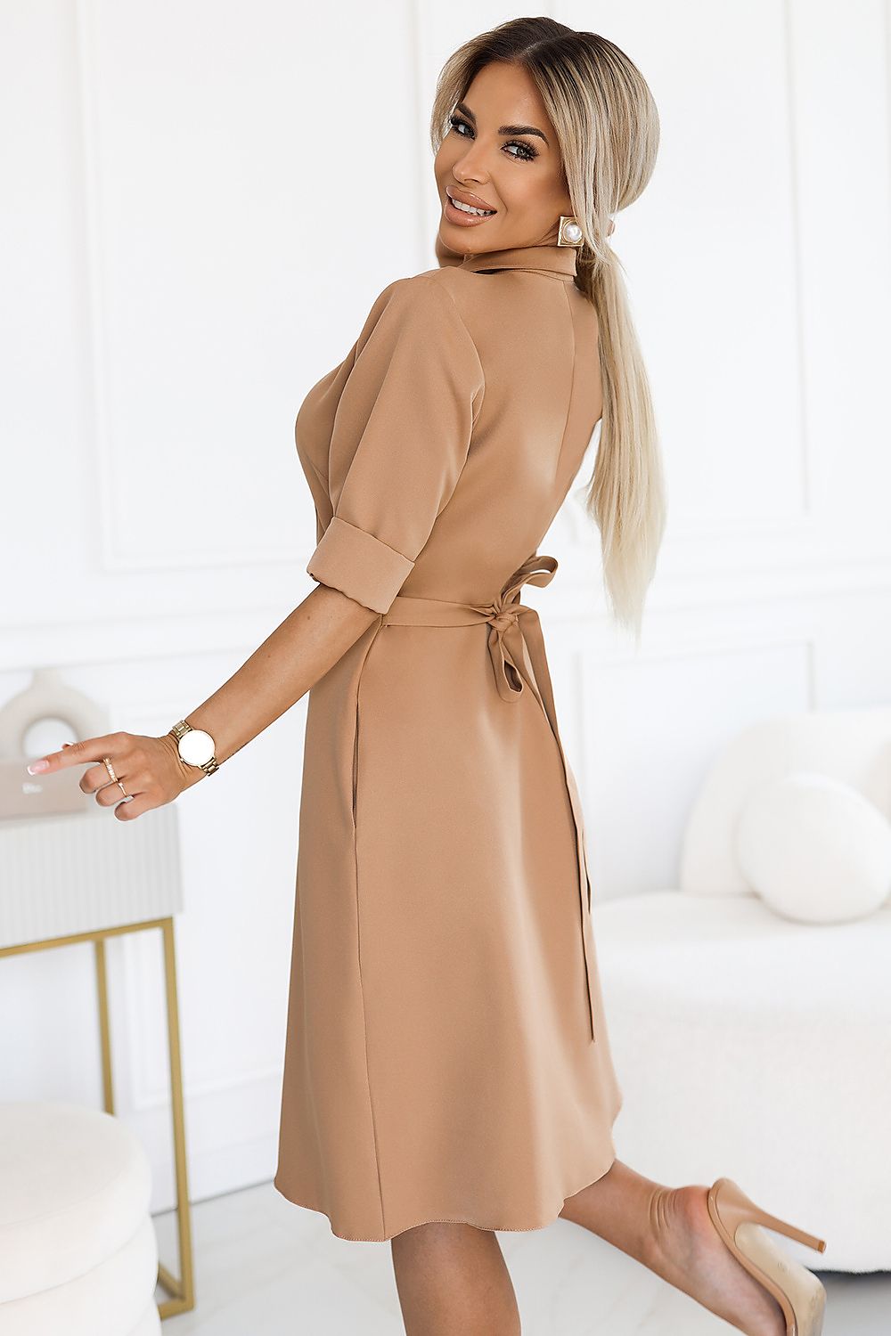 Damen Hemdkleid Alltagskleid von Numoco beige Seitenansicht