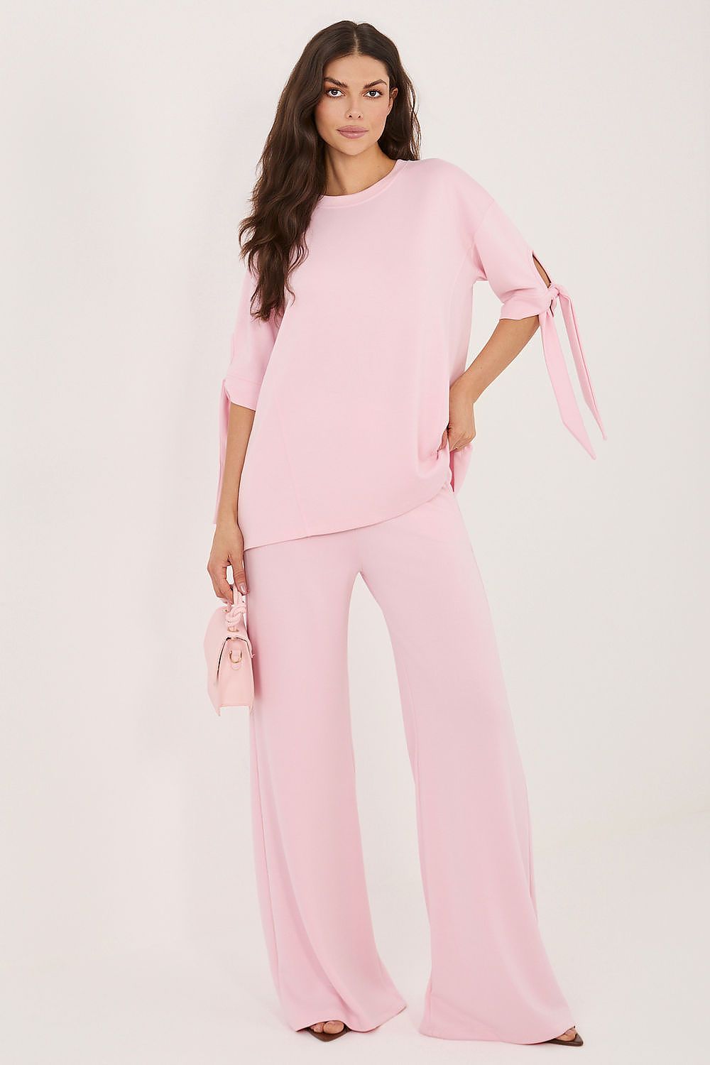 Damen Hosenanzug Set, Oberteil 3/4 Ärmel & weite Hose von Relevance rosa