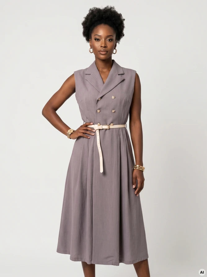 Damen Kleid Reverskragen, zweireihige Knöpfe & Taillengürtel Numoco Basic grau Y2K-Stil Outfit Inspo. Vorderansicht