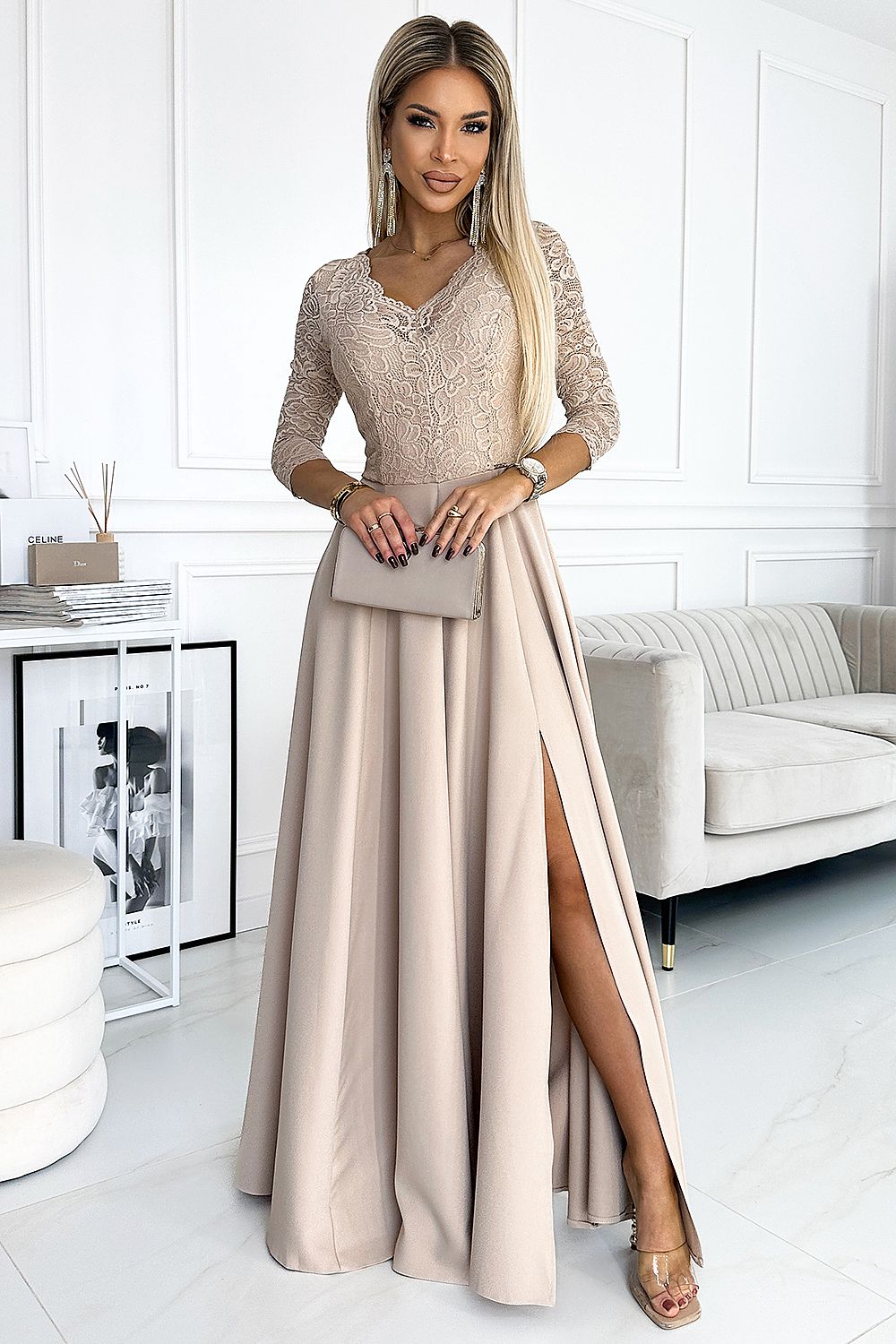 Damen Langes Abendkleid mit Spitze von Numoco beige