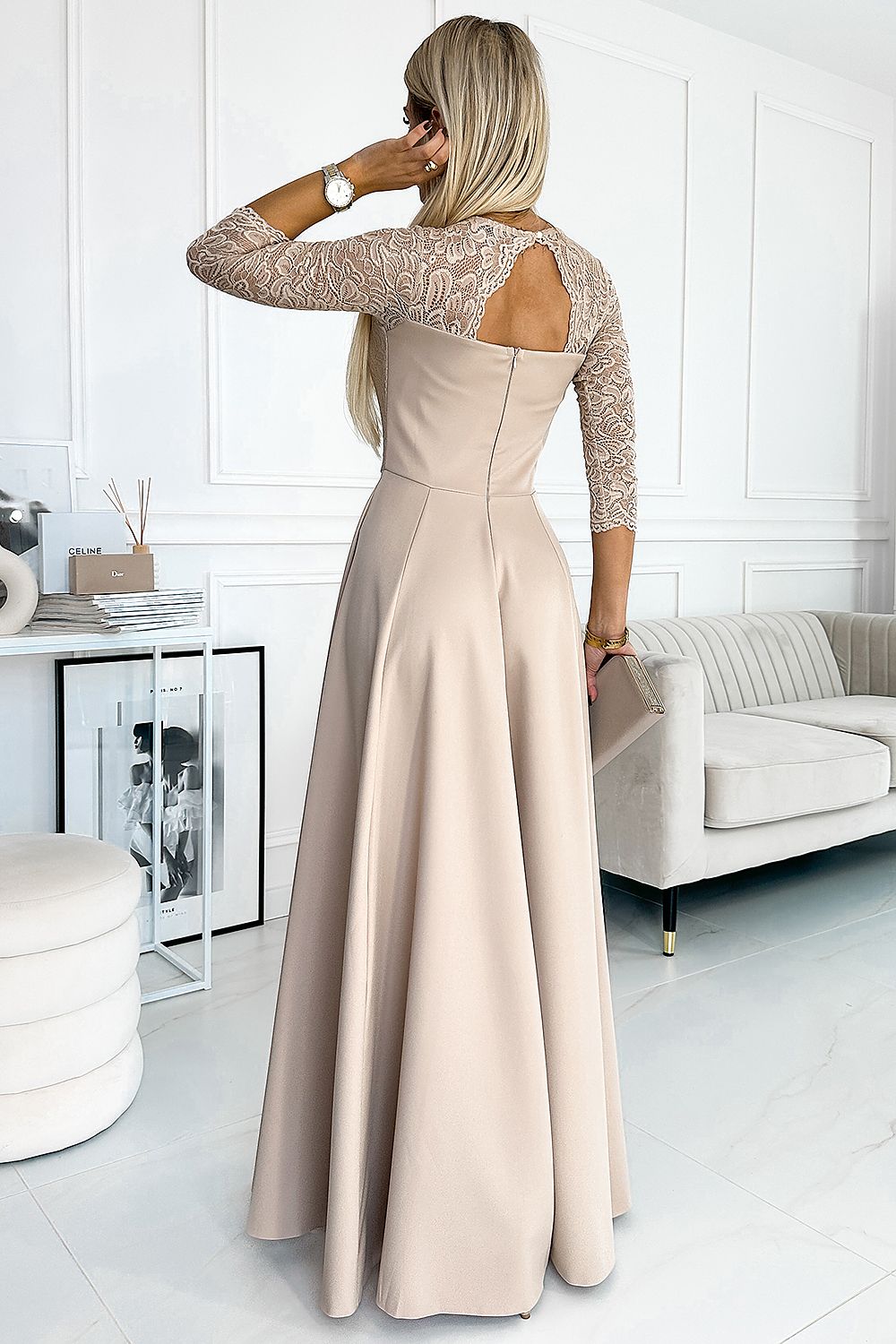 Damen Langes Abendkleid mit Spitze von Numoco beige Rückseite