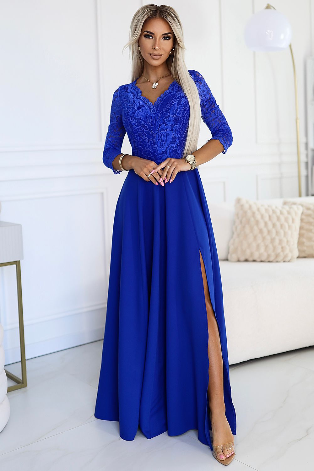 Damen Langes Abendkleid mit Spitze von Numoco blau
