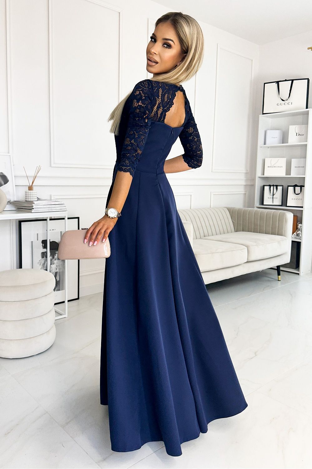 Damen Langes Abendkleid mit Spitze von Numoco marineblau Seitenansicht