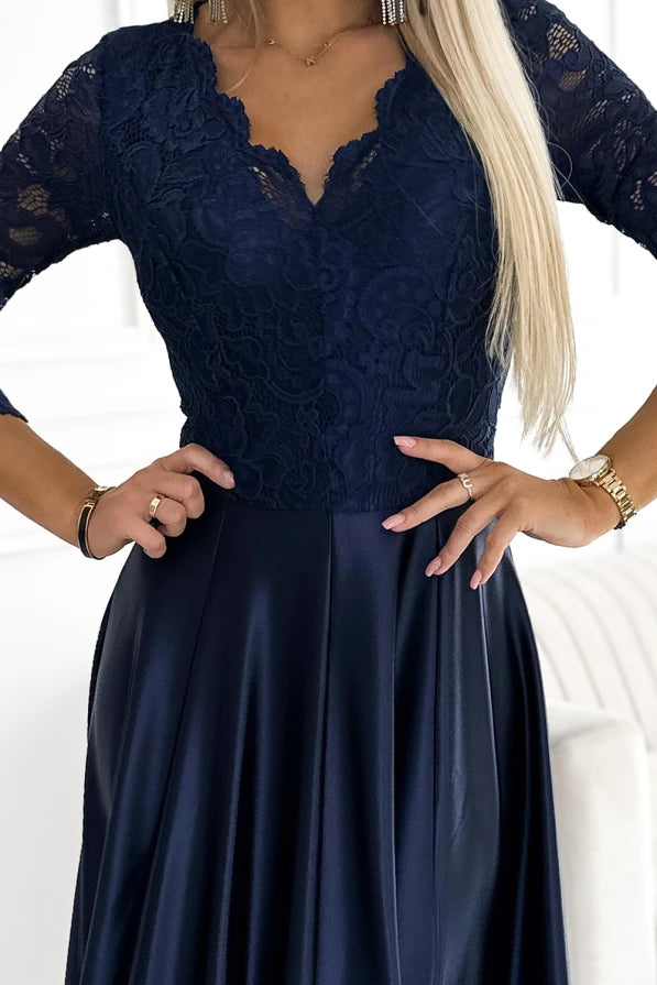 Damen Langes Abendkleid mit Spitze von Numoco mitternachtsblau Ausschnitt