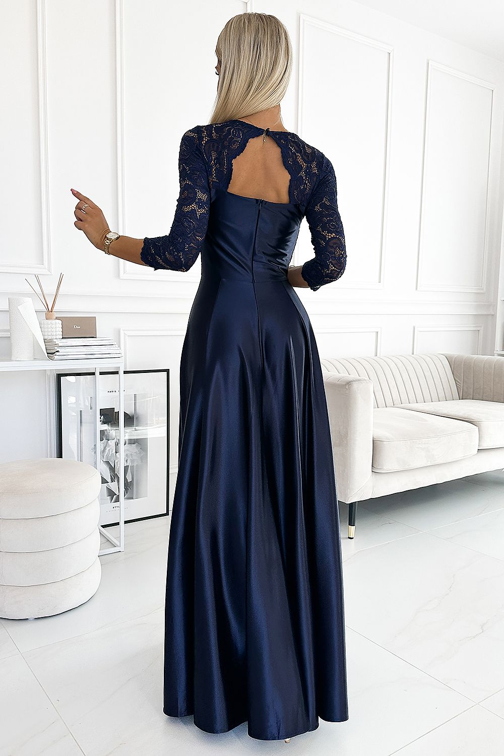 Damen Langes Abendkleid mit Spitze von Numoco mitternachtsblau Rückseite