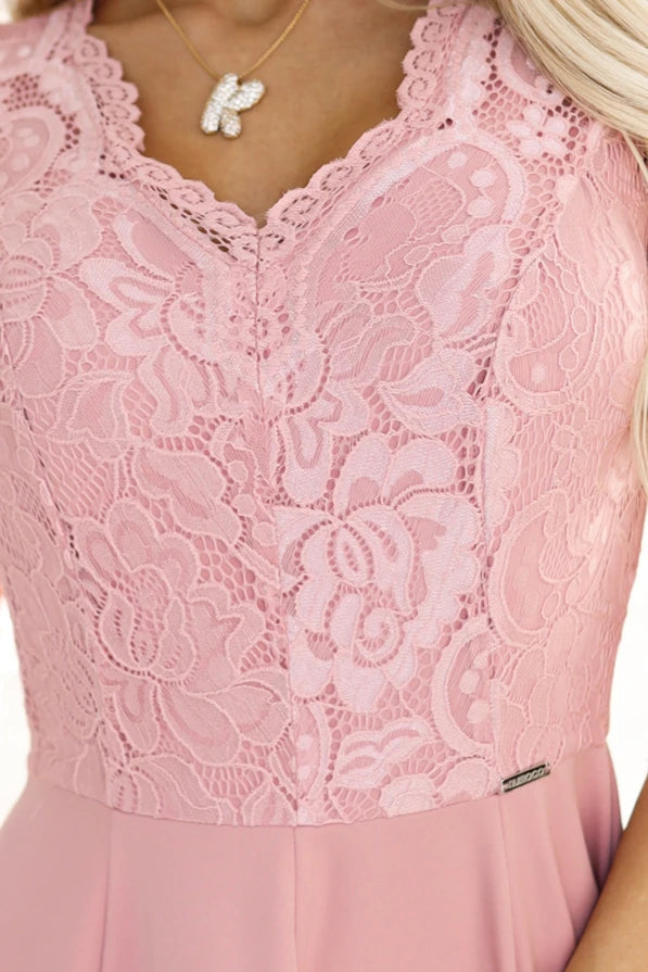 Damen Langes Abendkleid mit Spitze von Numoco rosa Ausschnitt