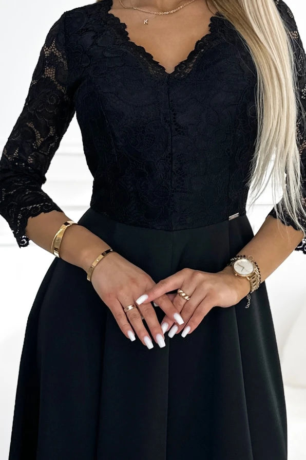 Damen Langes Abendkleid mit Spitze von Numoco schwarz Ausschnitt