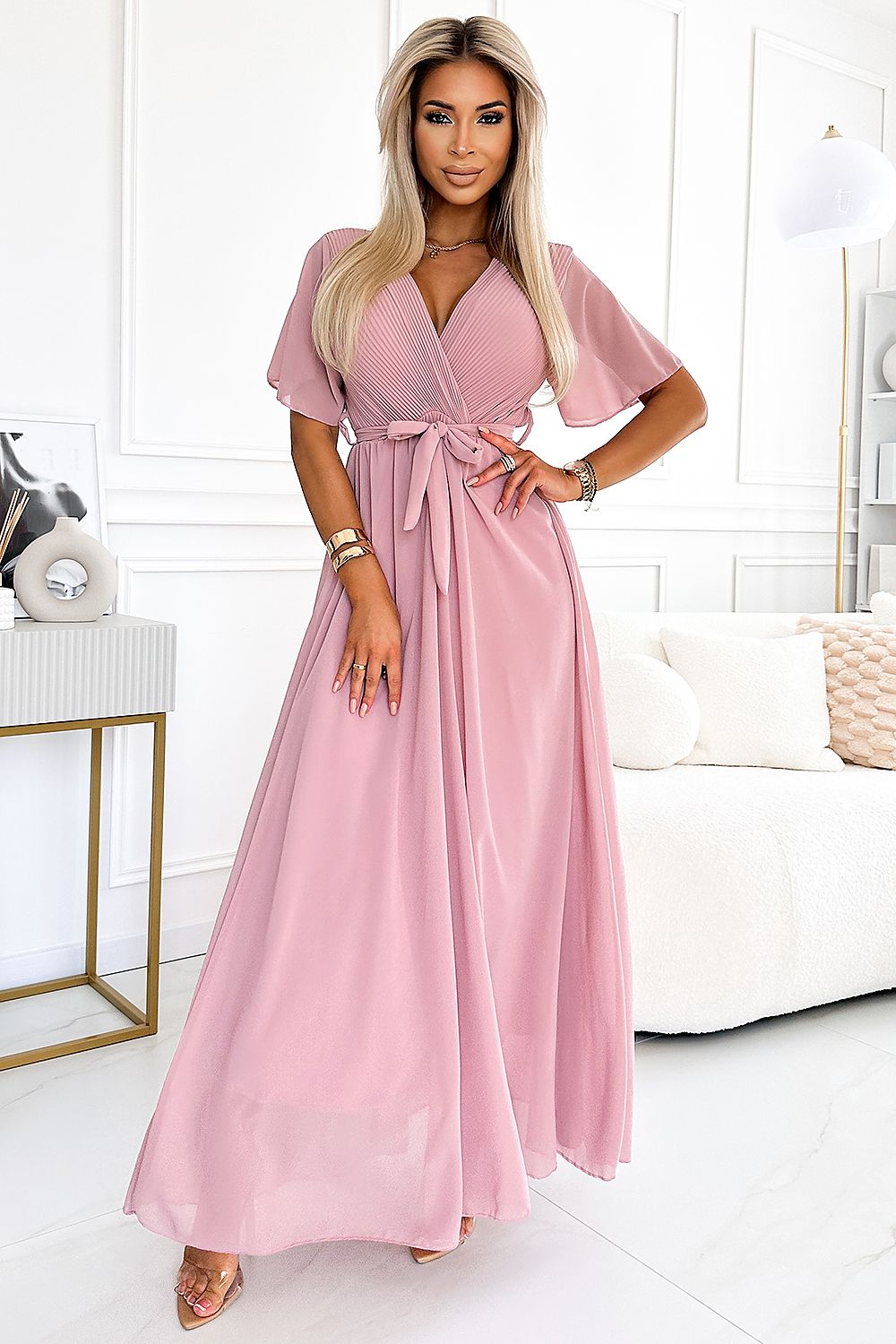 Damen Maxi-Kleid Chiffon Plissierter Ausschnitt, Bindeband & kurze Ärmel Numoco Basic rosa Vorderseite