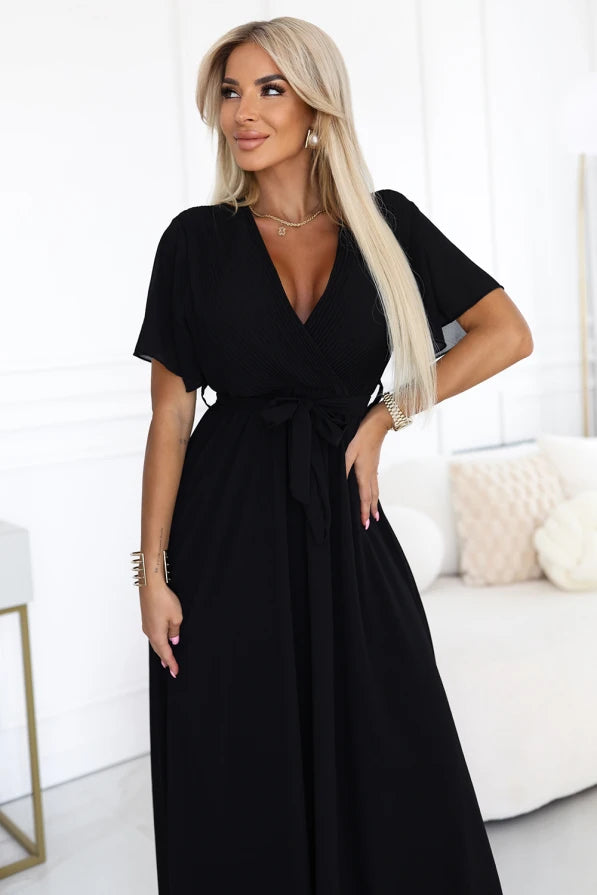 Damen Maxi-Kleid Chiffon Plissierter Ausschnitt, Bindeband & kurze Ärmel Numoco Basic schwarz Vorderansicht