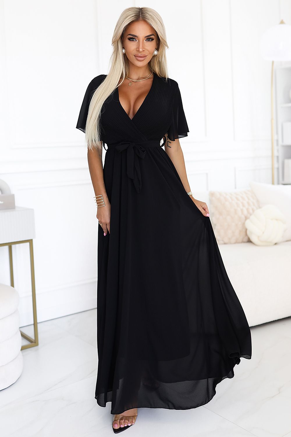 Damen Maxi-Kleid Chiffon Plissierter Ausschnitt, Bindeband & kurze Ärmel Numoco Basic schwarz Vorderseite