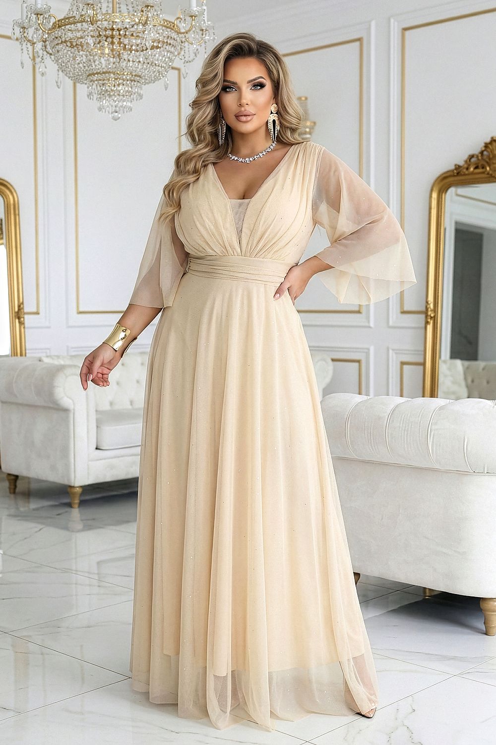 Damen Maxi-Kleid Plus-Size, Wickelausschnitt, Tüllärmel, Glitzer & Bindegürtel Numoco beige Vorderseite Plus Size