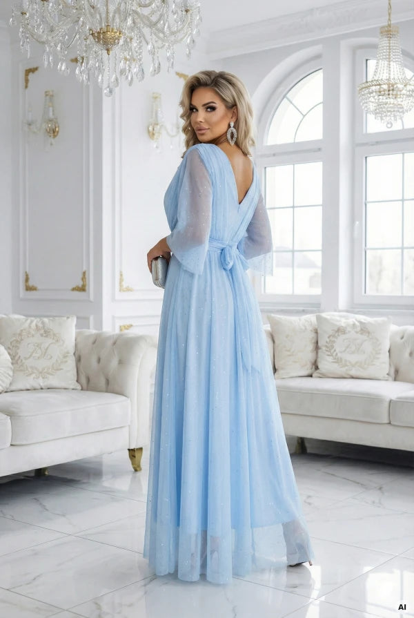 Damen Maxi-Kleid Plus-Size, Wickelausschnitt, Tüllärmel, Glitzer & Bindegürtel Numoco blau Rückseite Plus Size