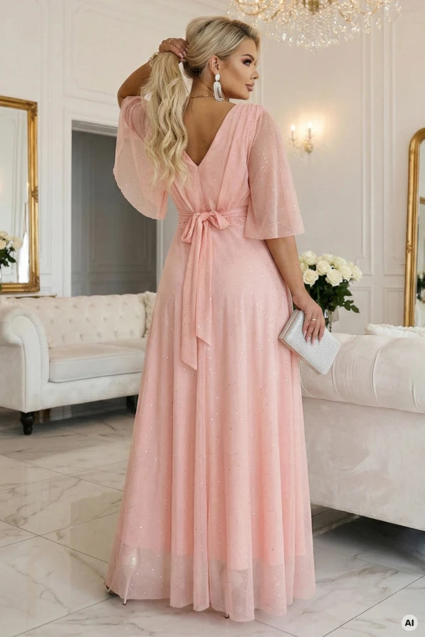 Damen Maxi-Kleid Plus-Size, Wickelausschnitt, Tüllärmel, Glitzer & Bindegürtel Numoco rosa Rückseite Plus Size
