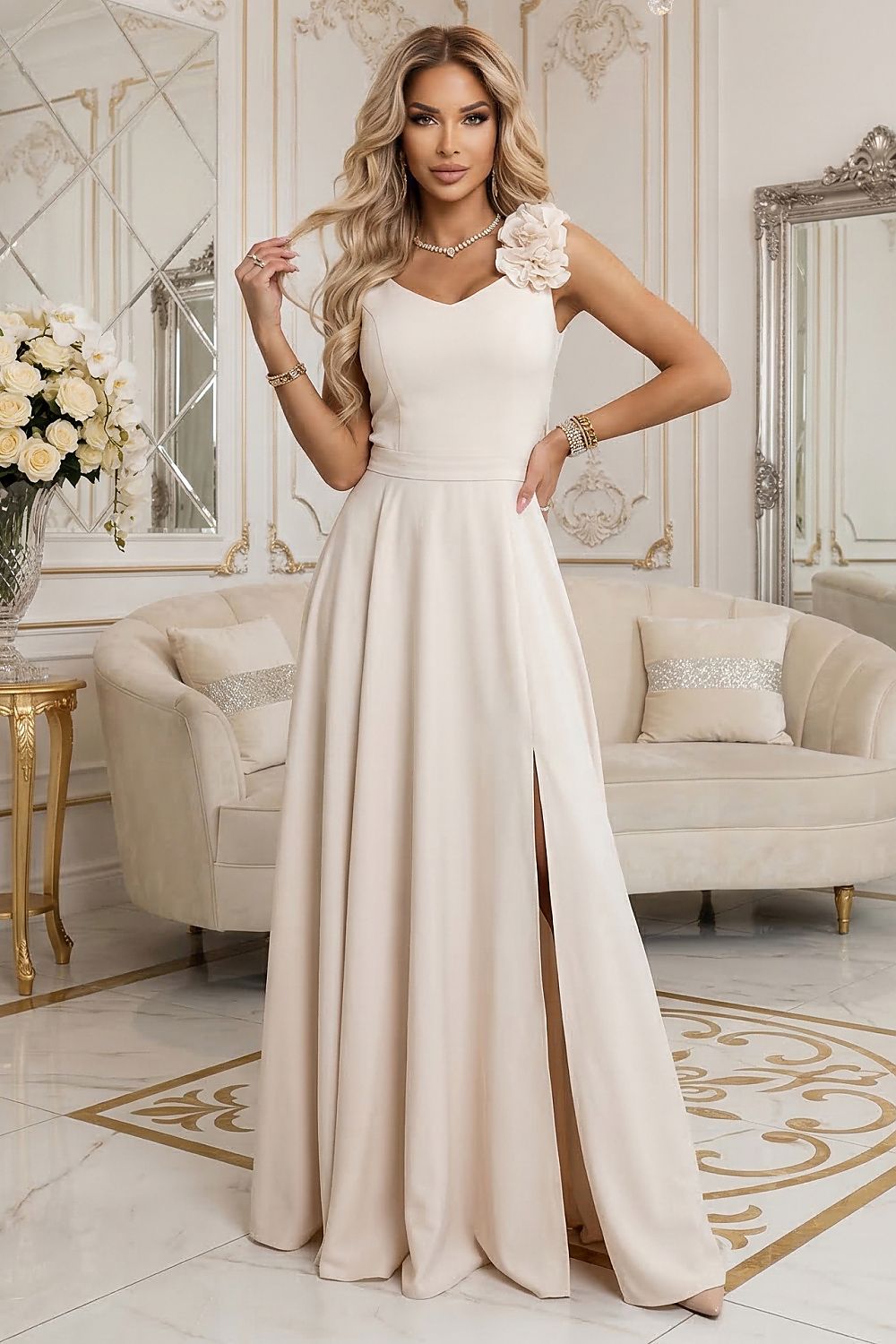 Damen Maxi-Kleid Schulterblume, V-Ausschnitt, Taillenschleife & breite Träger Numoco Quiet Luxury beige Fashion Inspo. Hochzeit