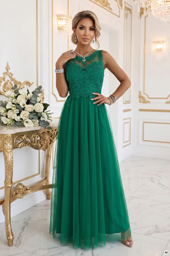 Damen Maxi-Kleid Spitzenoberteil, Tüllrock & Taillenschnürung – Hochzeit & Ball Numoco Basic grün Outfit Inspo.