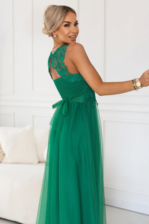 Damen Maxi-Kleid Spitzenoberteil, Tüllrock & Taillenschnürung – Hochzeit & Ball Numoco Basic grün Rückenansicht