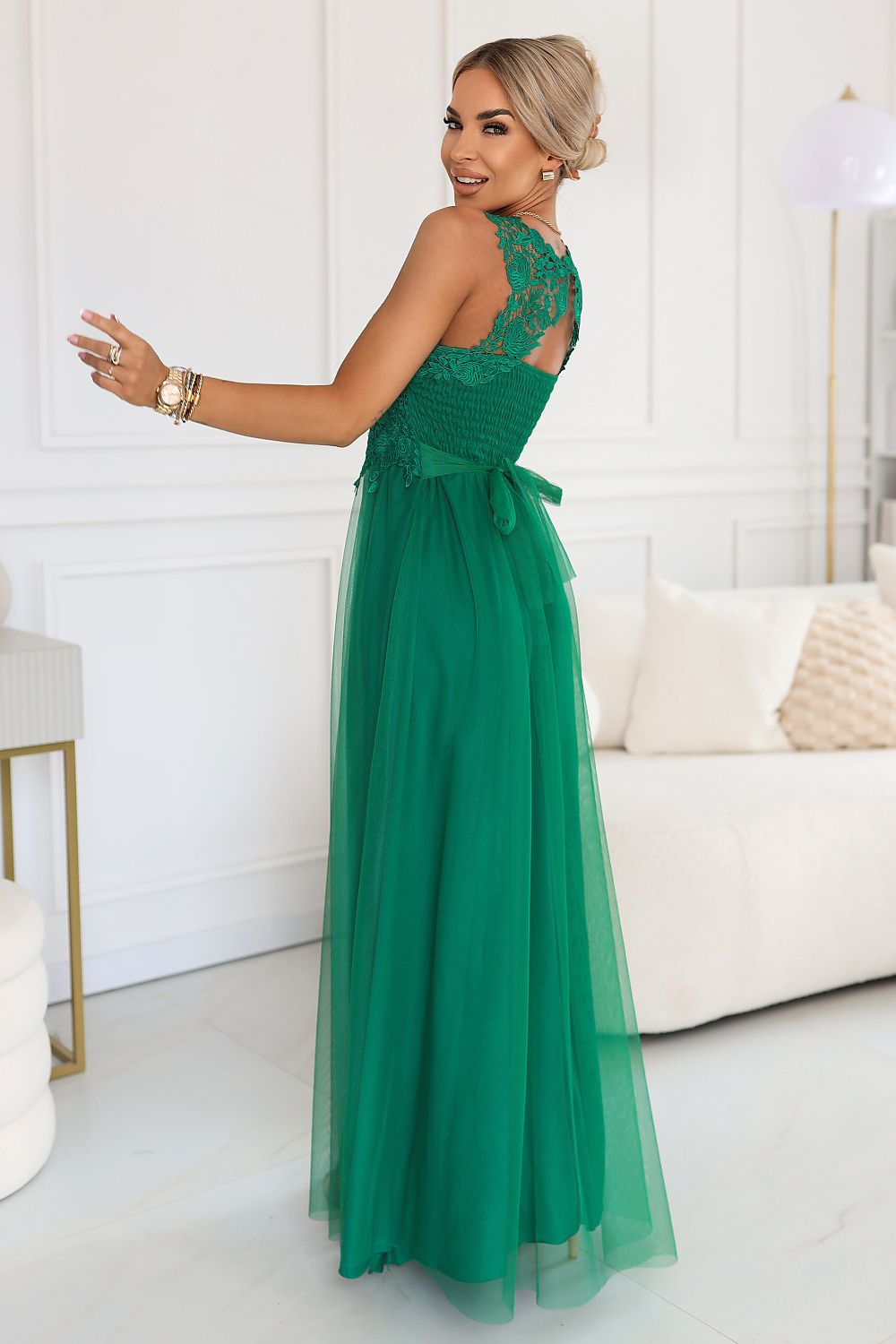 Damen Maxi-Kleid Spitzenoberteil, Tüllrock & Taillenschnürung – Hochzeit & Ball Numoco Basic grün Rückseite
