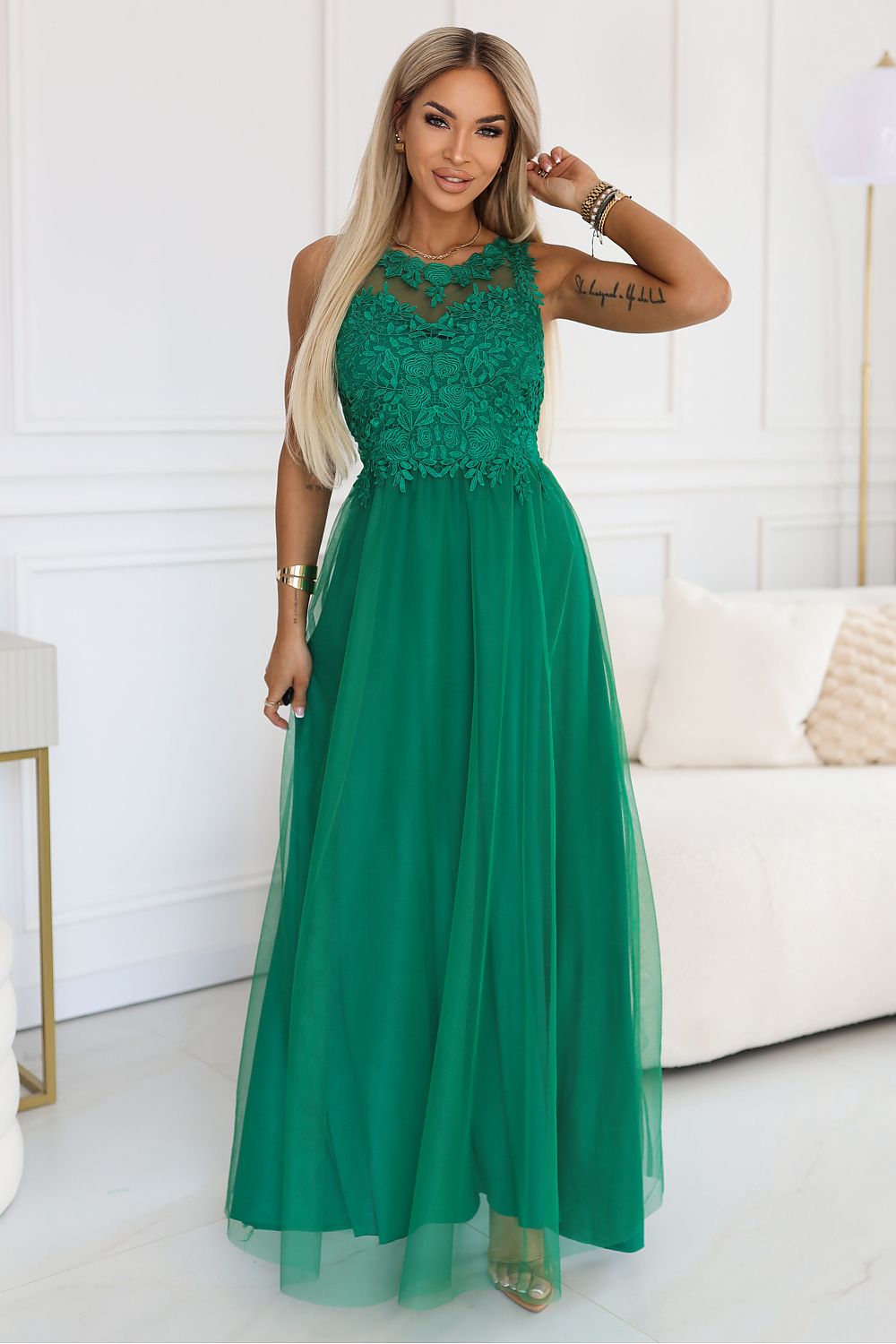 Damen Maxi-Kleid Spitzenoberteil, Tüllrock & Taillenschnürung – Hochzeit & Ball Numoco Basic grün Vorderseite