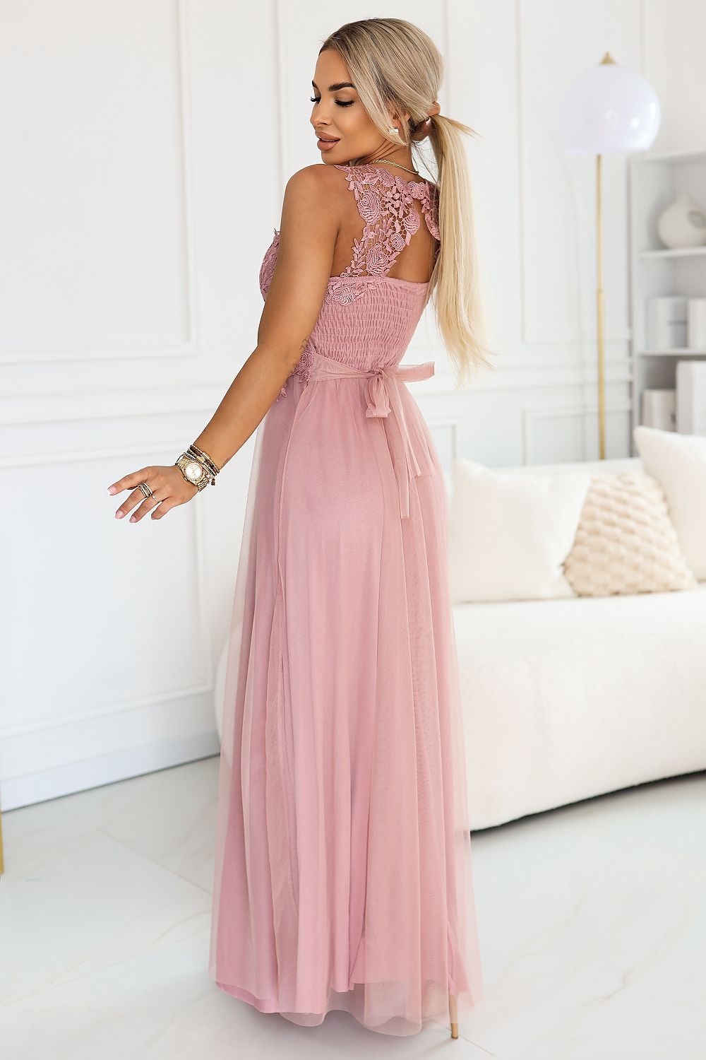 Damen Maxi-Kleid Spitzenoberteil, Tüllrock & Taillenschnürung – Hochzeit & Ball Numoco Basic rosa Rückseite