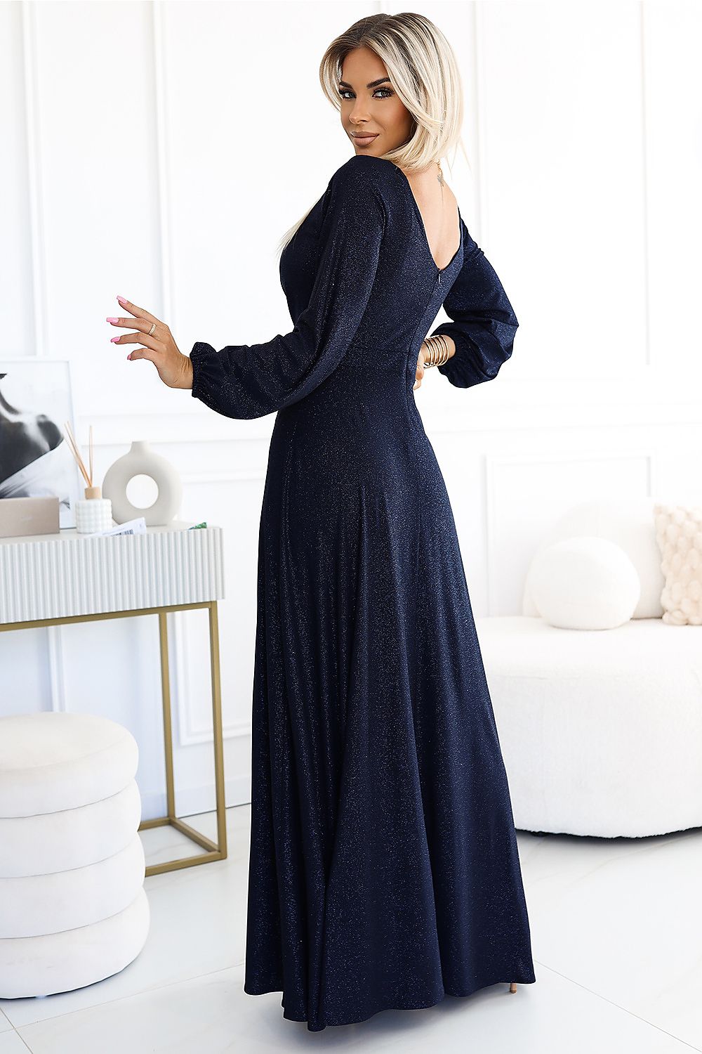 Damen Maxi-Kleid mit Bishop Ärmel von Numoco marineblau Seitenansicht