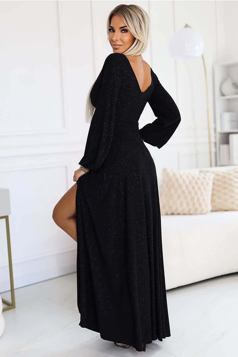 Damen Maxi-Kleid mit Bishop Ärmel von Numoco schwarz Rückseite