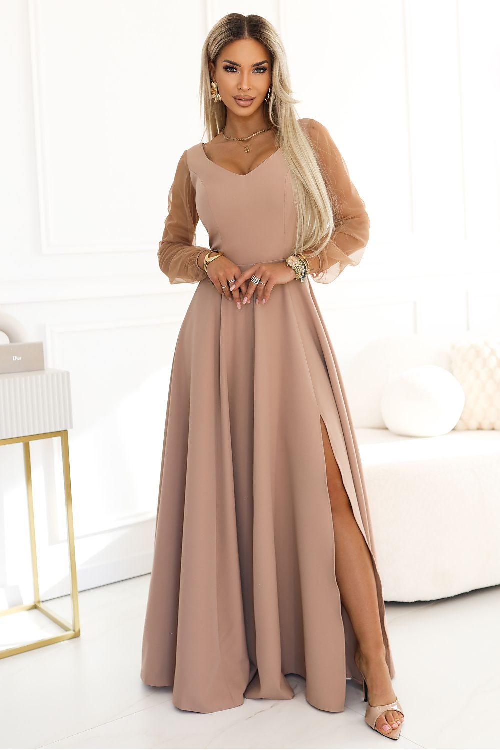 Damen Maxikleid Abendkleid mit Tüllärmel von Numoco beige