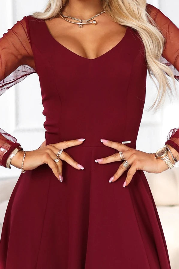 Damen Maxikleid Abendkleid mit Tüllärmel von Numoco weinrot AUsschnitt