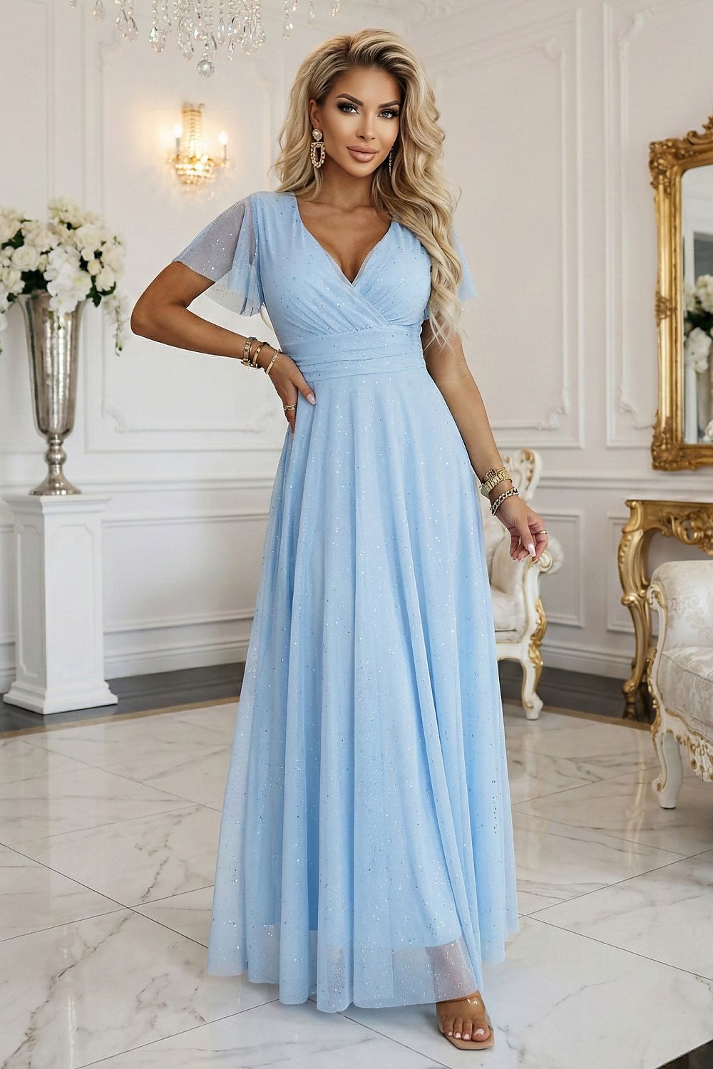 Damen Maxikleid Abendkleid mit V-Ausschnitt von Numoco Basic blau