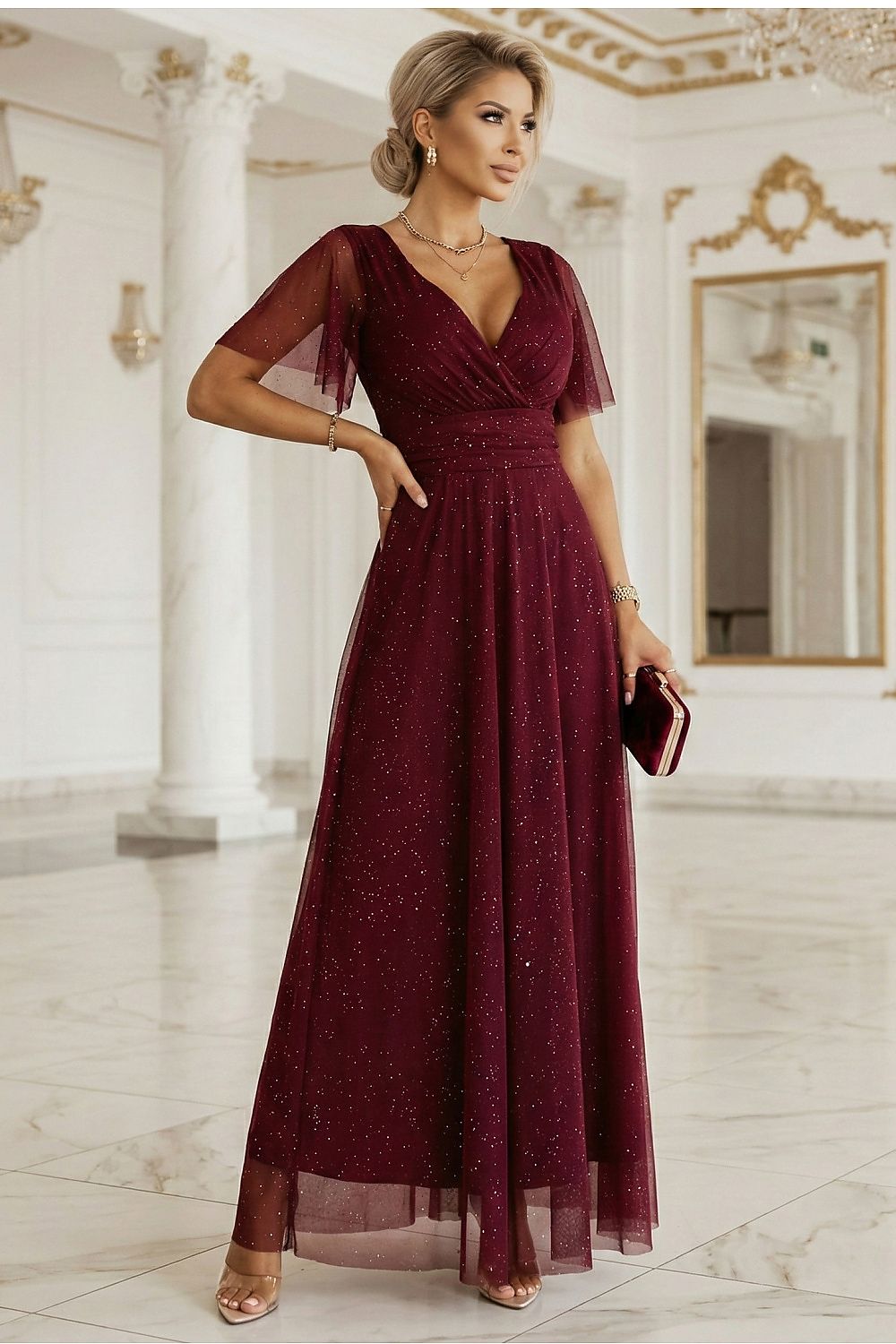 Damen Maxikleid Abendkleid mit V-Ausschnitt von Numoco Basic weinrot