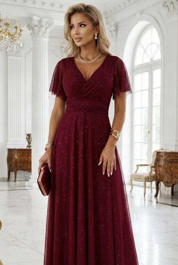 Damen Maxikleid Abendkleid mit V-Ausschnitt von Numoco Basic weinrot Ausschnitt